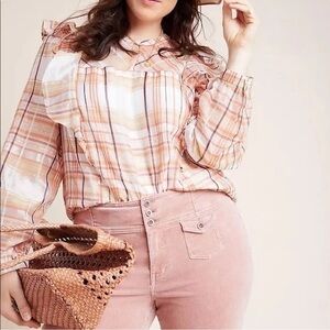 Anthropologie Current Air Polly Ruffled Peasant Blouse Long Sleeve Orange White